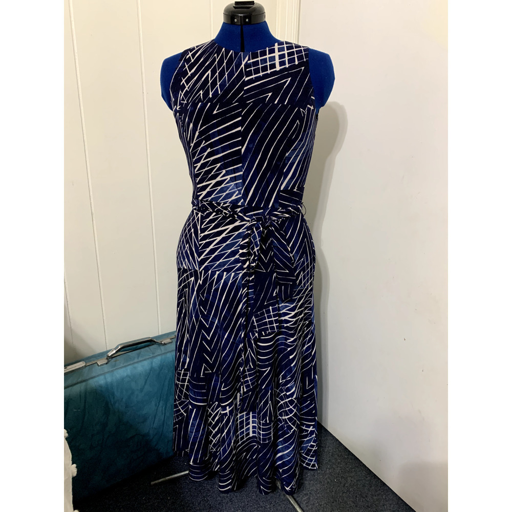 RALPH RL LAUREN NAVY BLUE JERSY STRIPED Abstract Fit N Flare DRESS SIZE 6 CAREER - Picture 2 of 10